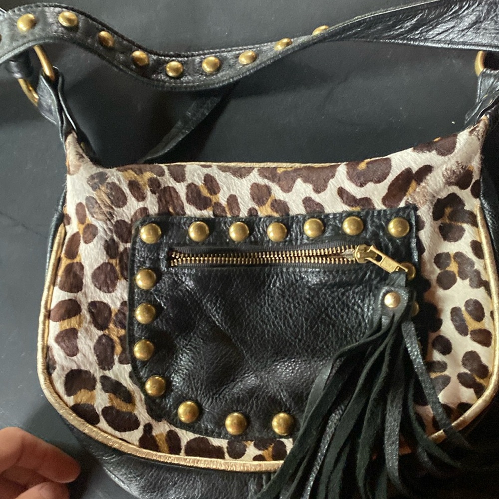 Maya Moon Studded Blk Leather /animal Print Purse